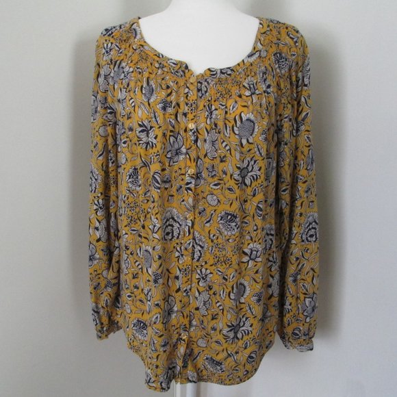 Lucky Brand Yellow and Blue Floral Button-Down Collarless Top Size L - Picture 2 of 12
